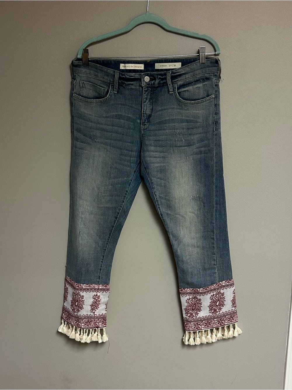 Pilcro and the Letterpress Cropped Denim Jeans Maroon Embroidered Hem Tassel